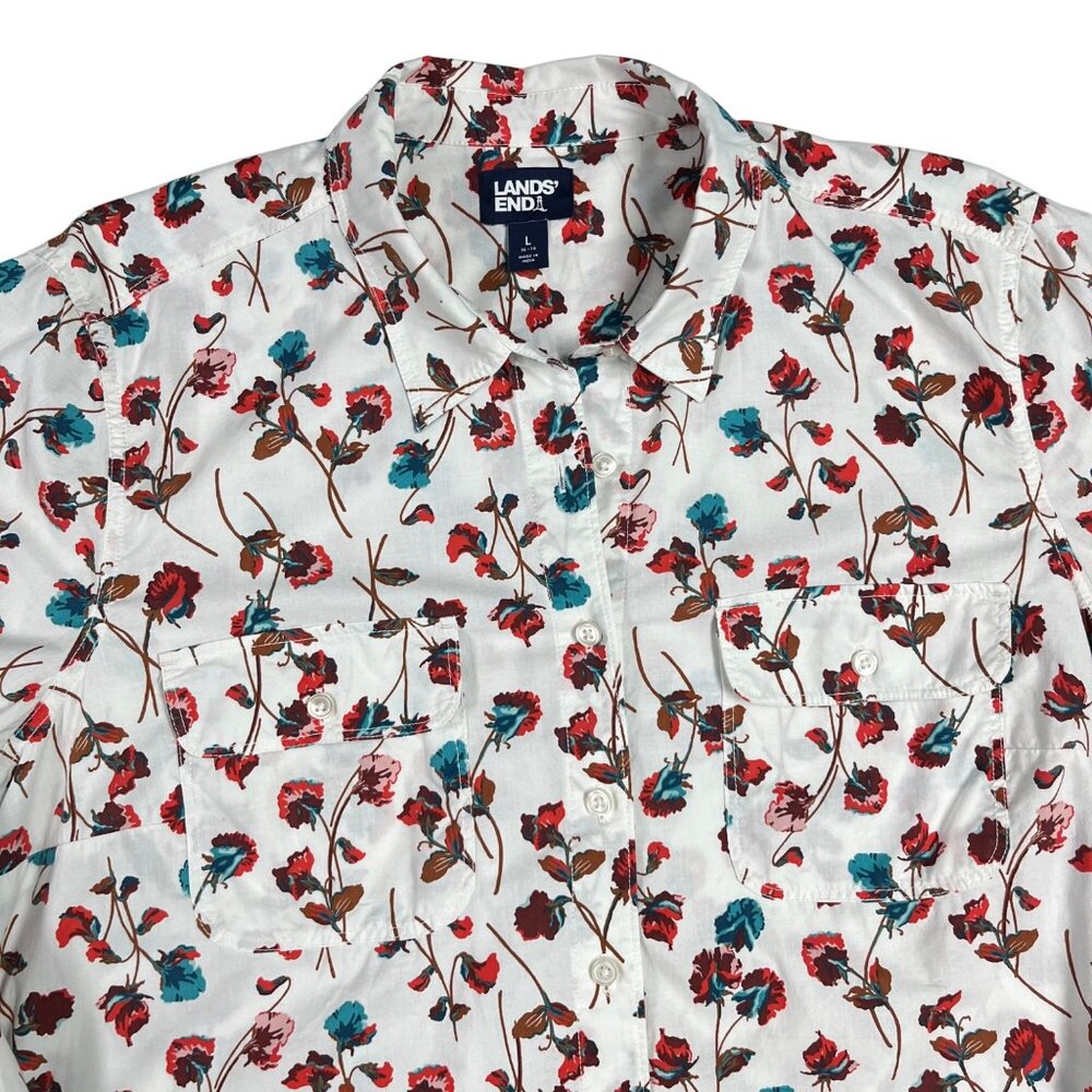 LARGE 14 16 Lands End Womens Ombre Blue Dyed Floral Shirt Dress Shirtdress - Picture 3 of 11